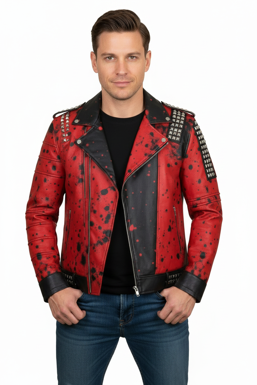 Gothic Punk Red Biker Jacket with Black Splatter and Studs, Distressed Streetwear Faux Leather Moto Coat for Rock Fashion