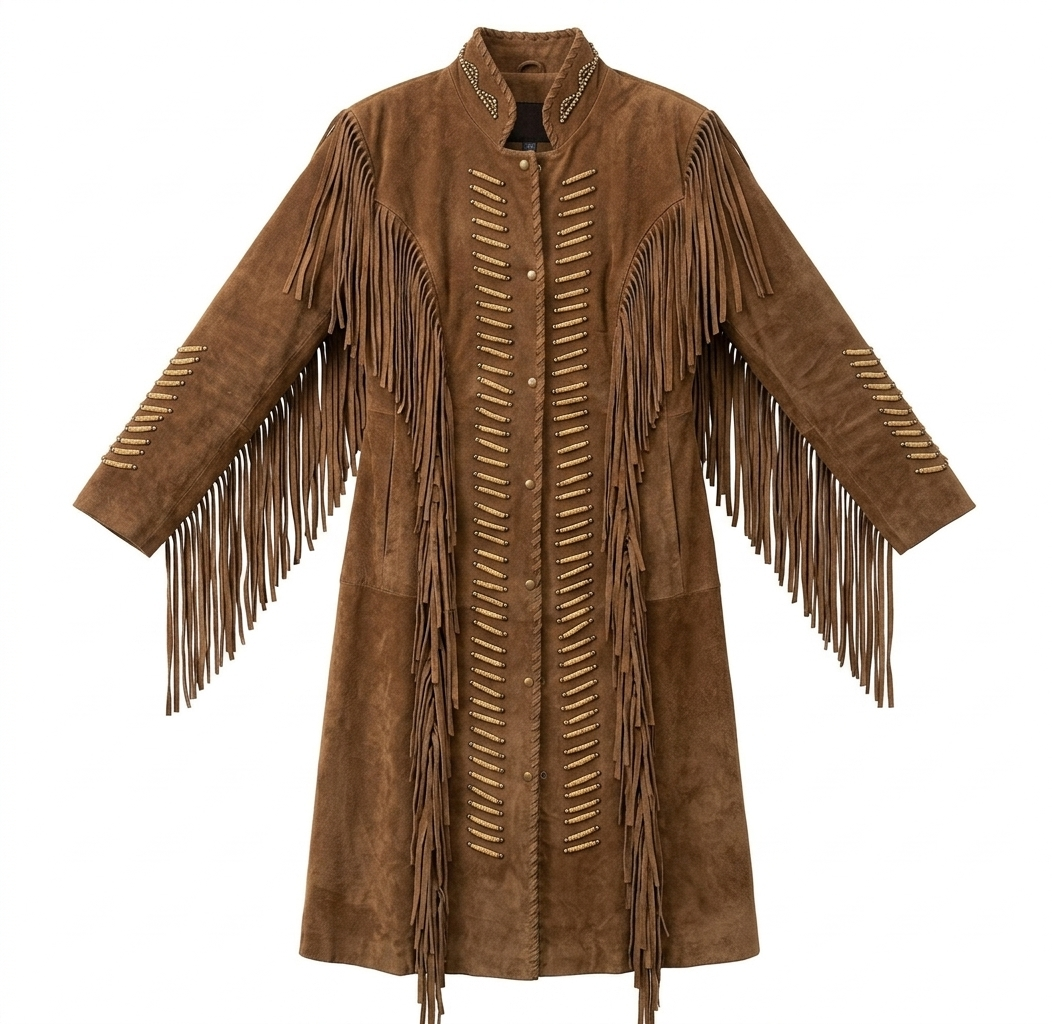 Handcrafted Western Suede Long Coat with Fringe & Metallic Detailing