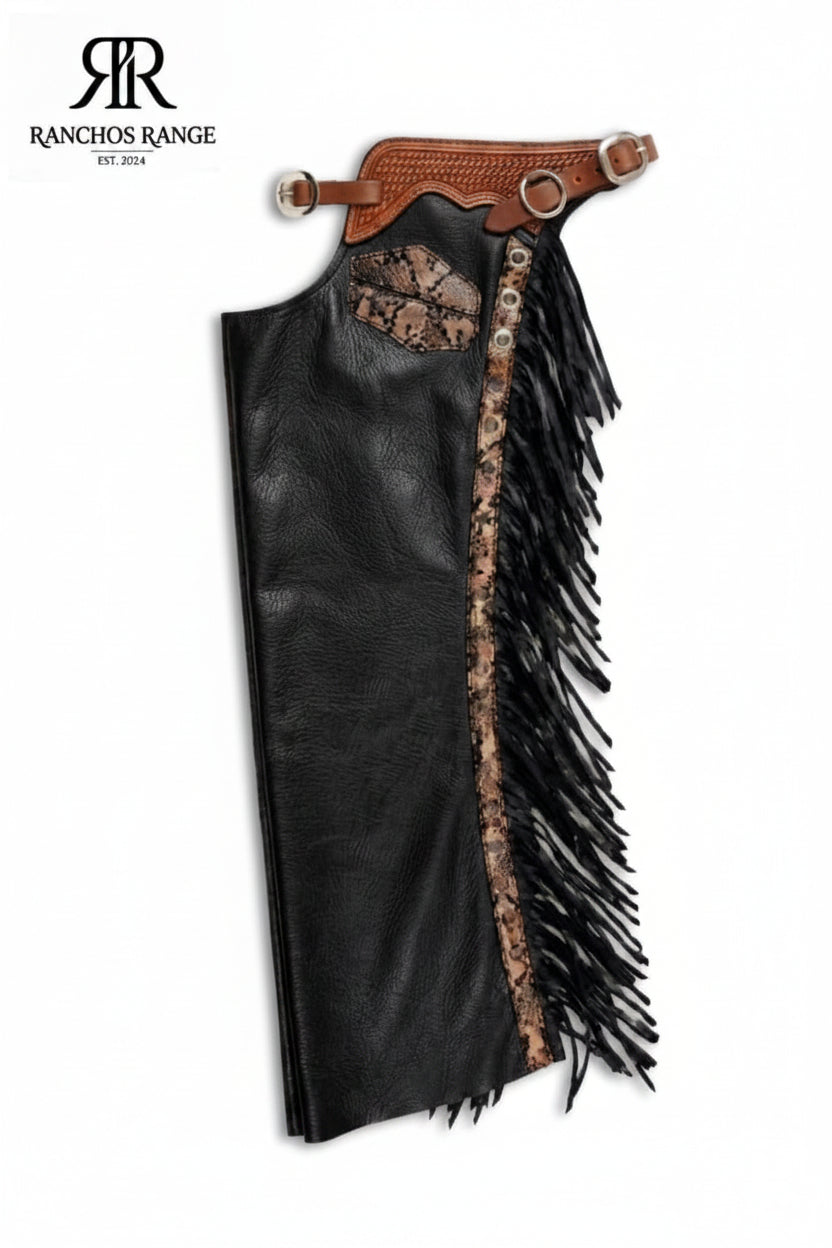 Hand-Tooled Leather Rodeo Chaps - Custom Bull Riding Gear with Snake Inlay | Ranchos Range Western Fringe Chinks for Cowboy & Horse Riding