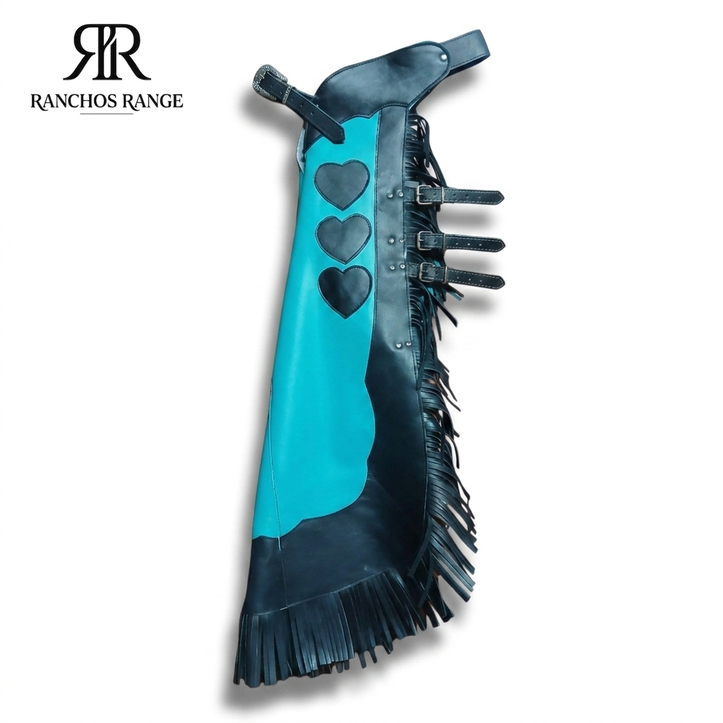 Women's Custom Western Leather Rodeo Chaps – Turquoise & Black with Heart Inlays