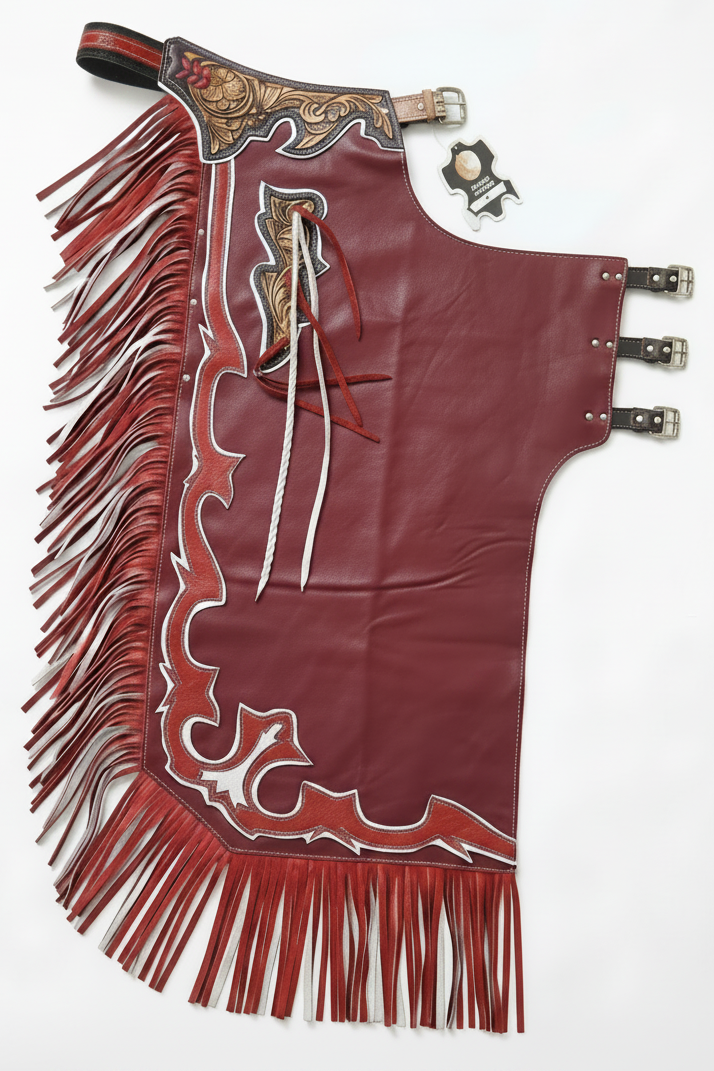 Custom Bull Riding Chaps - Red & White Leather Rodeo Chaps with Western Floral Tooling - Pro Rodeo Gear for Men & Women - Ranchos Range Equestrian