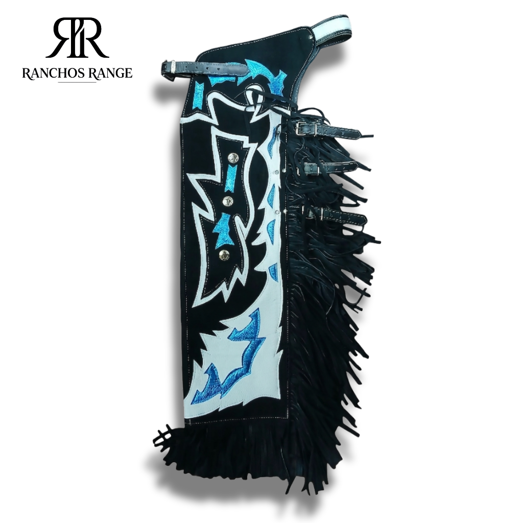 Custom Pro Rodeo Chaps – Black Suede with White Leather & Turquoise Glitter Inlays – Bull Riding Equestrian Gear