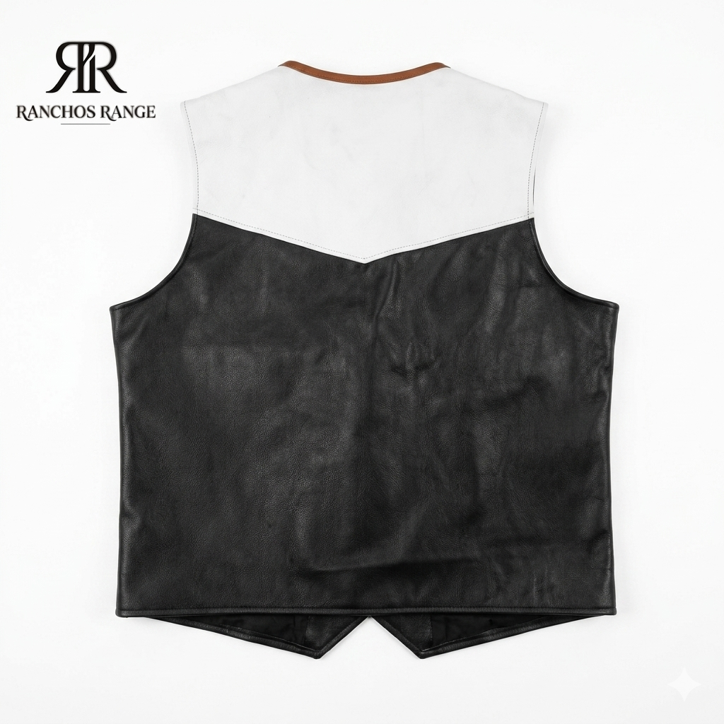 Custom Handmade Leather Vest - Western Cowboy Style Two-Tone Biker Waistcoat - Black and White Genuine Leather Motorbike Vest - Ranchos Range