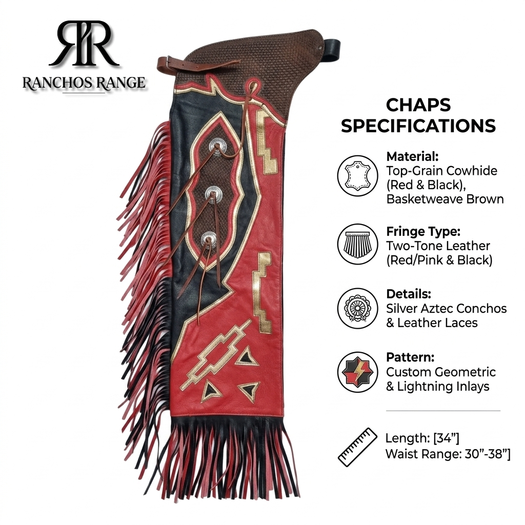 Custom Bull Riding Pro Rodeo Chaps – Red and Black Top-Grain Leather Chinks – Geometric Lightning Inlay Western Chaps with Silver Aztec Conchos