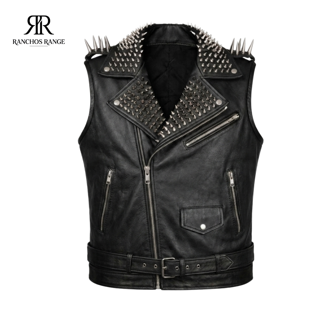 Handmade Men's Spiked Leather Vest - Black Studded Punk Rock Biker Vest - Gothic Heavy Metal Battle Vest - Brando Style Moto Waistcoat