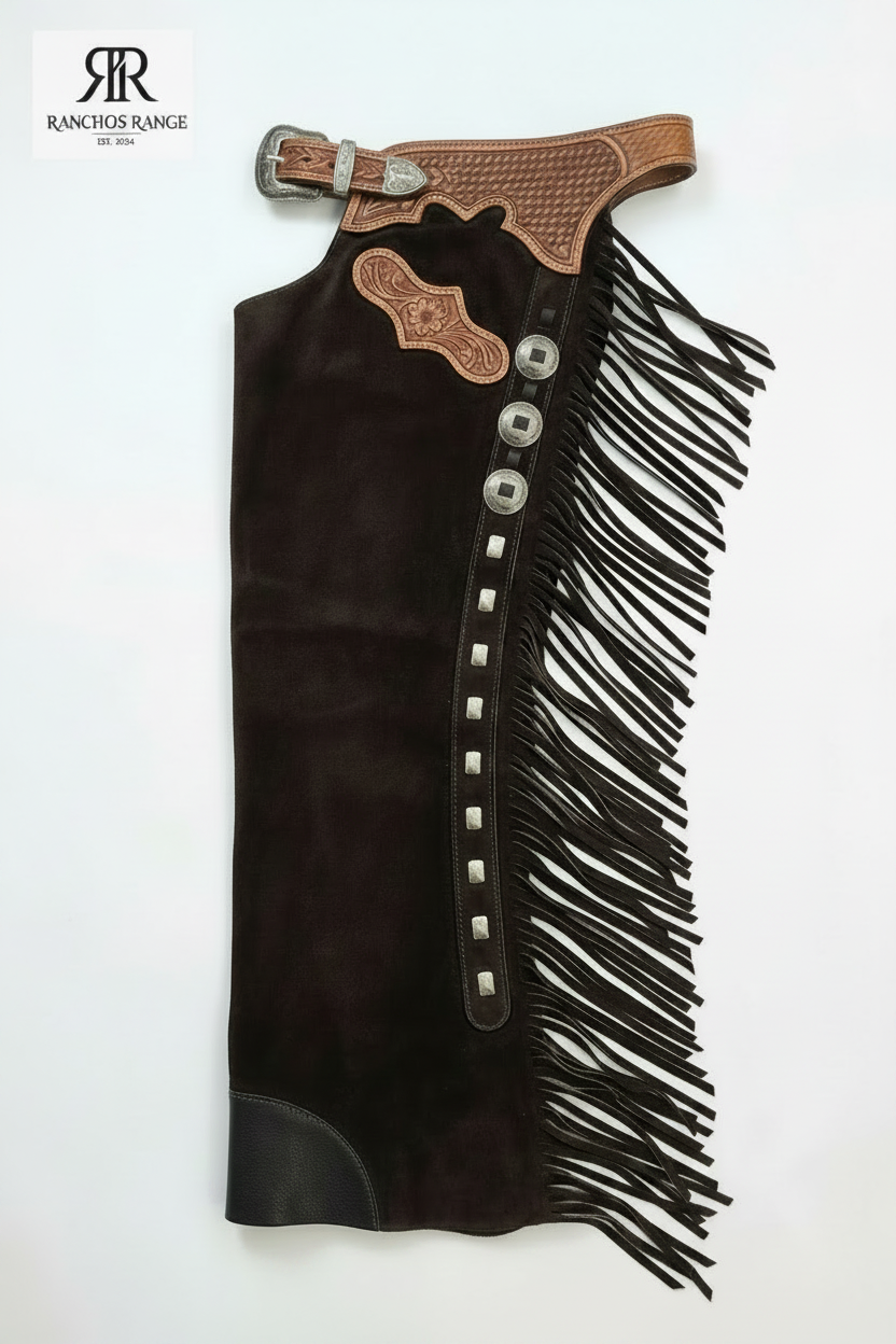 Custom Bull Riding Chaps - Dark Brown Suede Leather Rodeo Gear with Tooled Basketweave Yoke & Fringe - Professional Performance Western Chaps