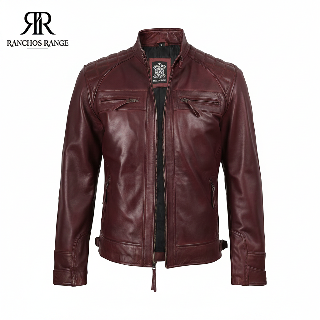 Men's Maroon Leather Biker Jacket - Slim Fit Quilted Cafe Racer Jacket - Genuine Sheepskin Motorbike Leather Jacket - Dark Burgundy Leather Coat