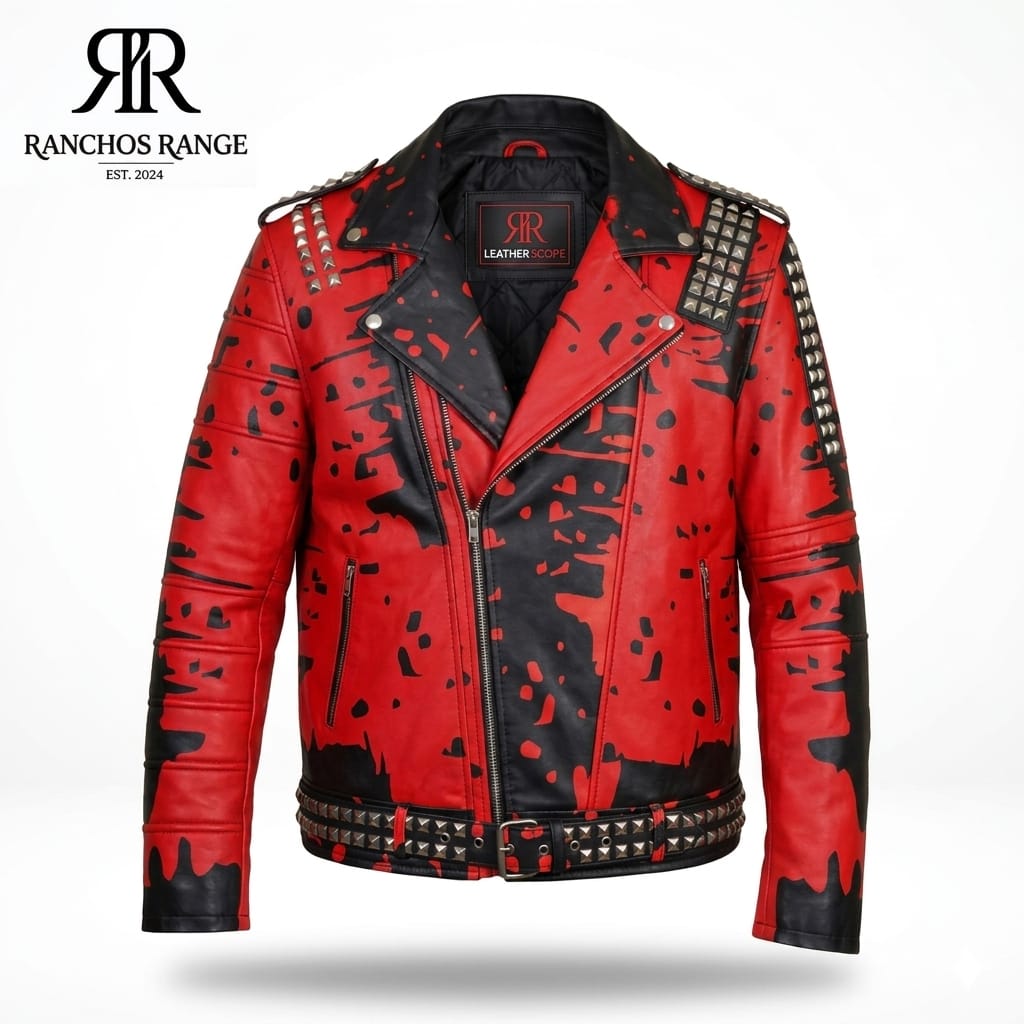 Studded Red and Black Leather Biker Jacket - Punk Rock Distressed Splatter Print Moto Jacket for Men - Ranchos Range Heavy Metal Spiked Streetwear