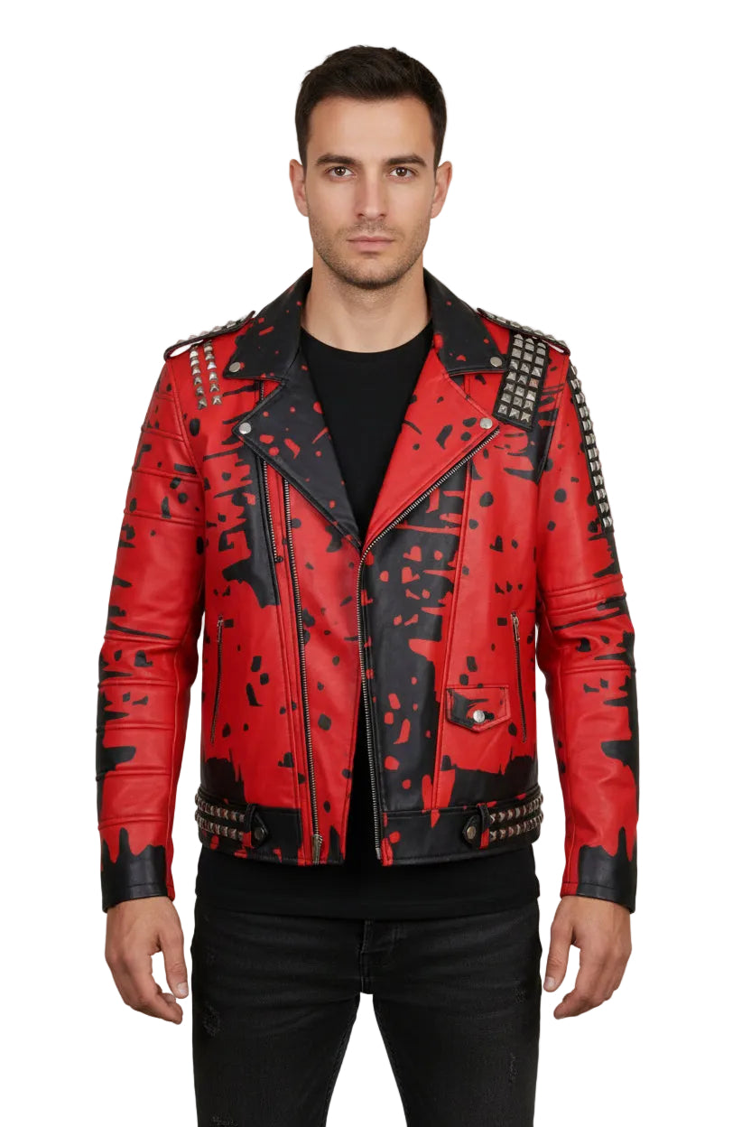 Studded Red and Black Leather Biker Jacket - Punk Rock Distressed Splatter Print Moto Jacket for Men - Ranchos Range Heavy Metal Spiked Streetwear