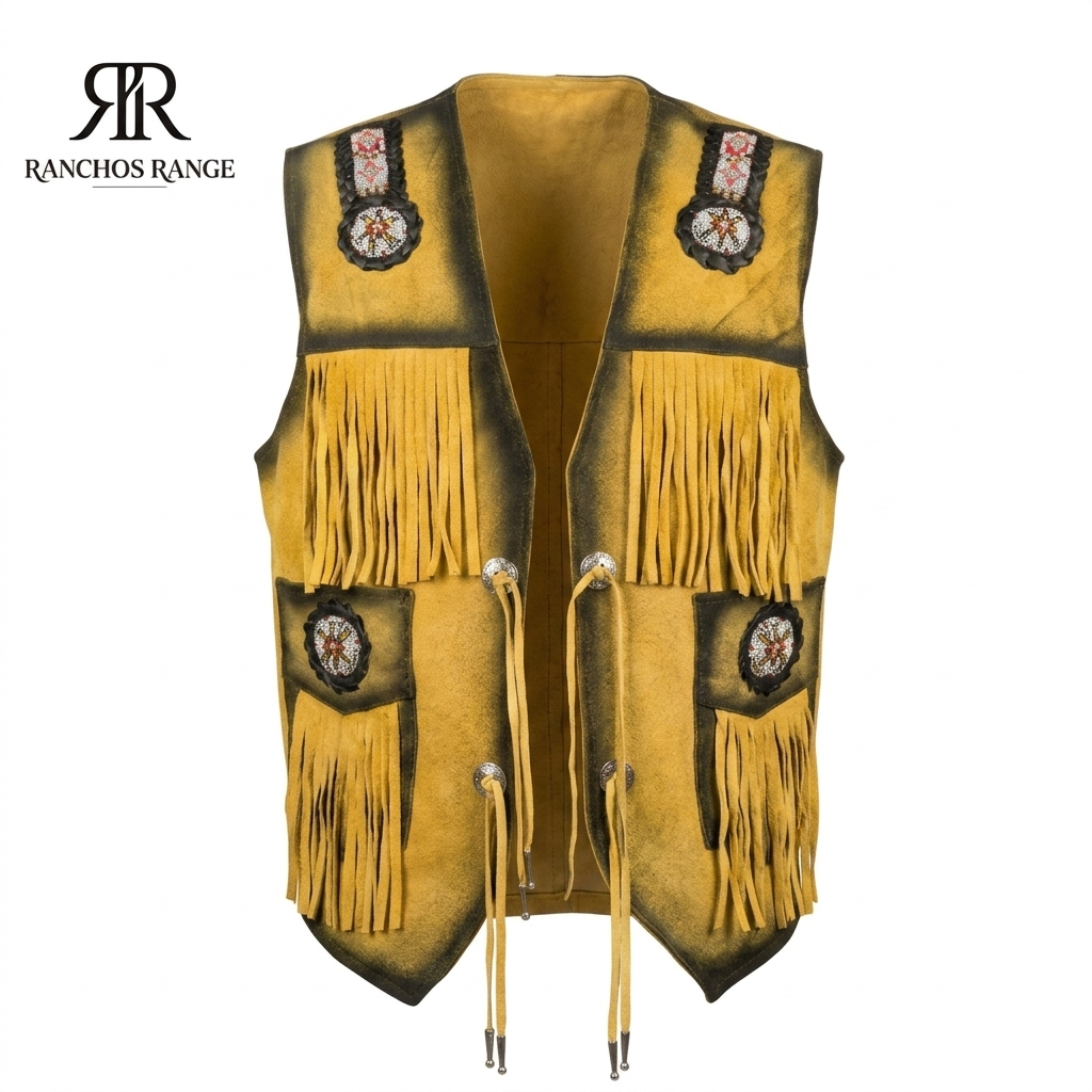 Handmade Men's Western Suede Fringe Vest - Distressed Yellow Leather Cowboy Waistcoat - Native American Style Beaded Medallion - Ranchos Range