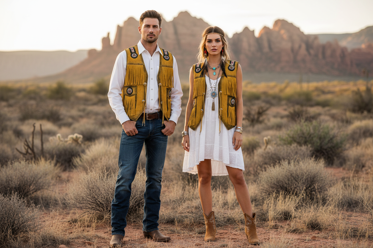 Handmade Men's Western Suede Fringe Vest - Distressed Yellow Leather Cowboy Waistcoat - Native American Style Beaded Medallion - Ranchos Range