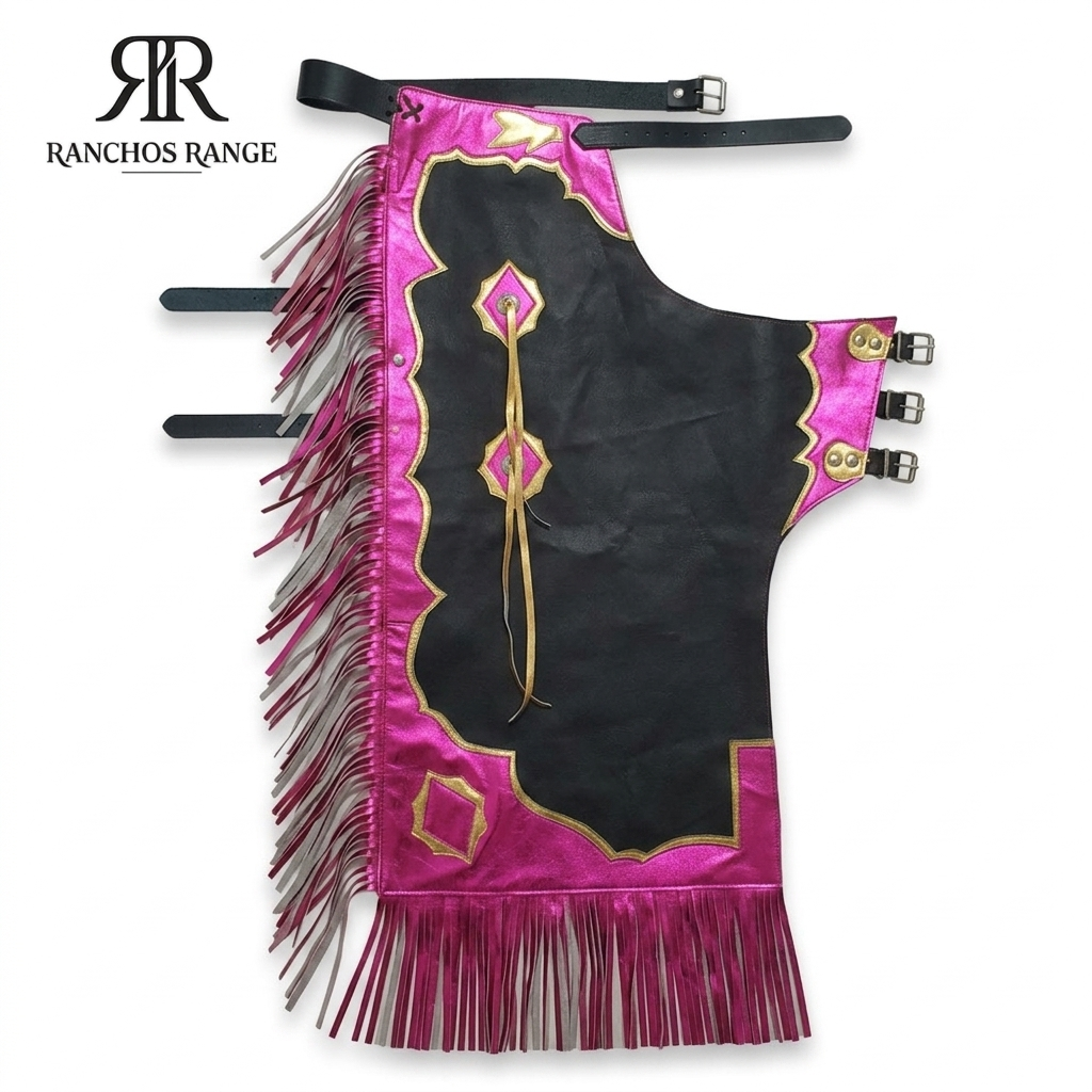 Handmade Pink Leather Rodeo Chaps | Custom Bull Riding Gear with Gold Trim | Fringed Western Cowboy Leggings | Professional Youth & Adult Pro Rodeo Apparel