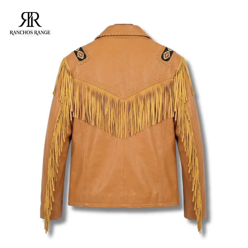 Vintage Tan Leather Fringe Jacket - Western Suede Biker Coat - Festival Wear, Cowgirl Style with Beaded Patches & Back Fringe