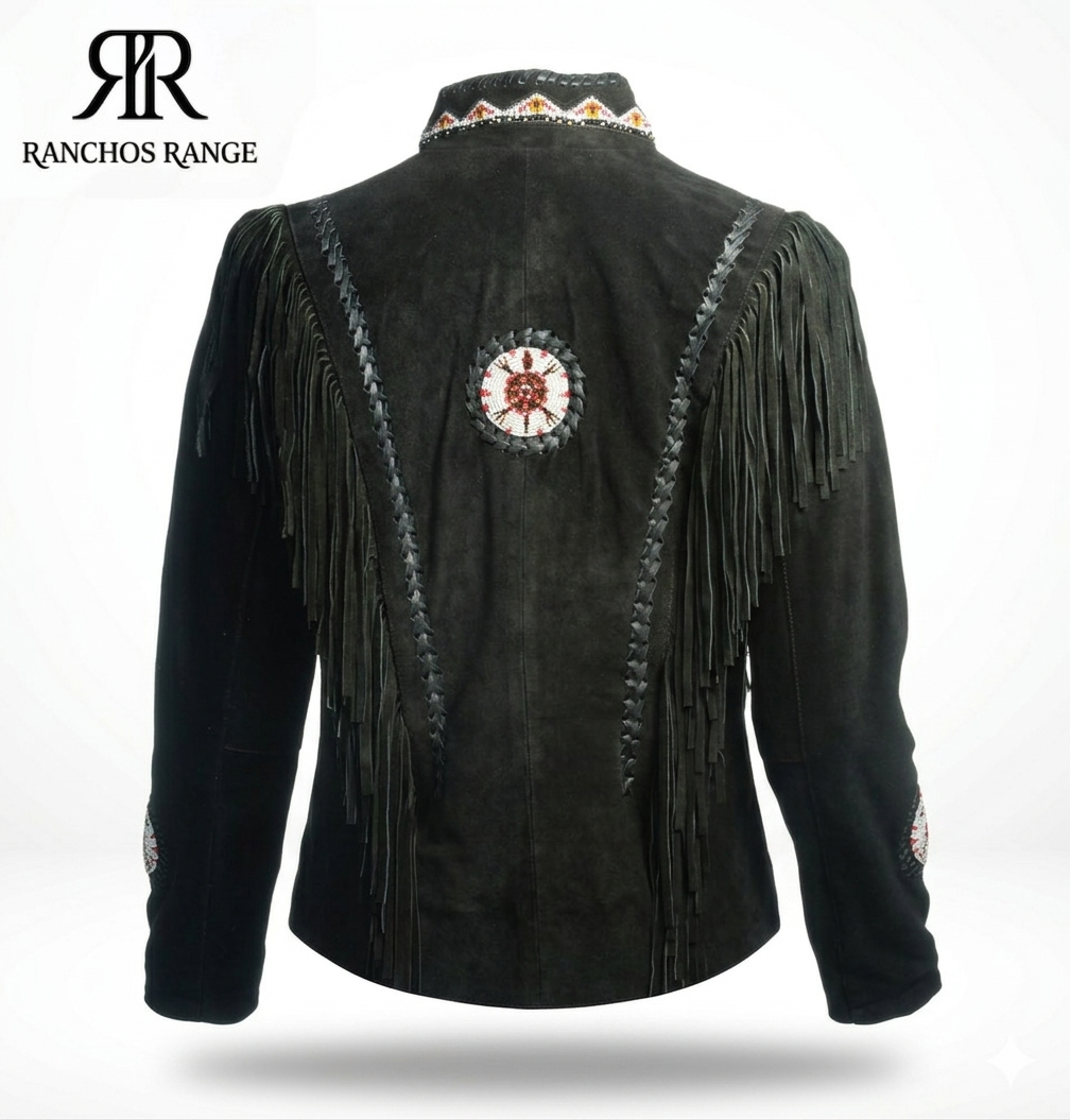 Handmade Black Suede Fringe Jacket for Women | Western Cowboy Beaded Leather Coat | Native Inspired Boho Festival Wear | Vintage Rodeo Style