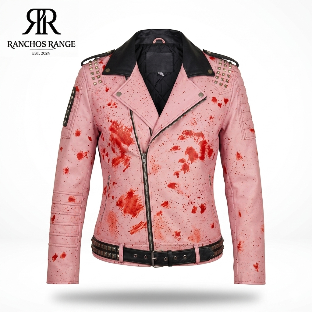 Women's Pink Studded Leather Biker Jacket - Hand Painted Blood Splatter Punk Moto Jacket - Custom Gothic Rocker Style - Ranchos Range Coat
