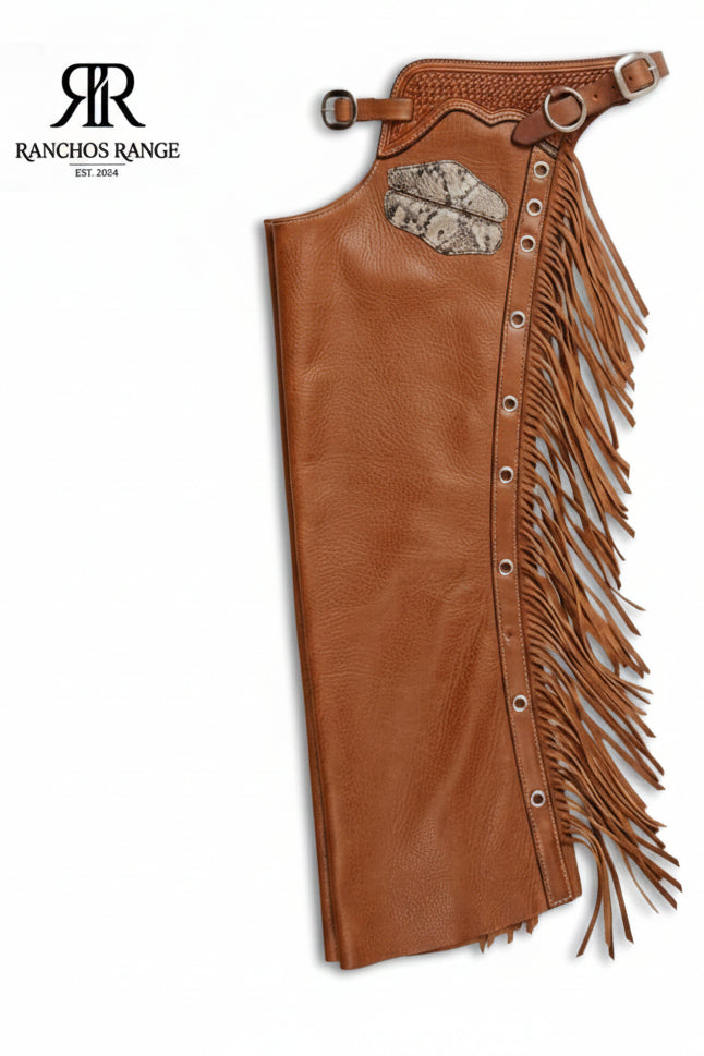 Hand-Tooled Leather Rodeo Chaps - Custom Bull Riding Gear with Snake Inlay | Ranchos Range Western Fringe Chinks for Cowboy & Horse Riding