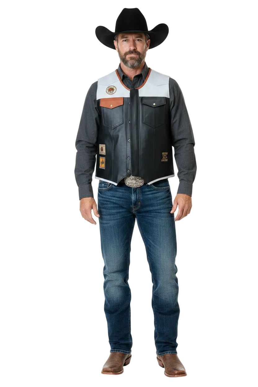 Custom Handmade Leather Vest - Western Cowboy Style Two-Tone Biker Waistcoat - Black and White Genuine Leather Motorbike Vest - Ranchos Range