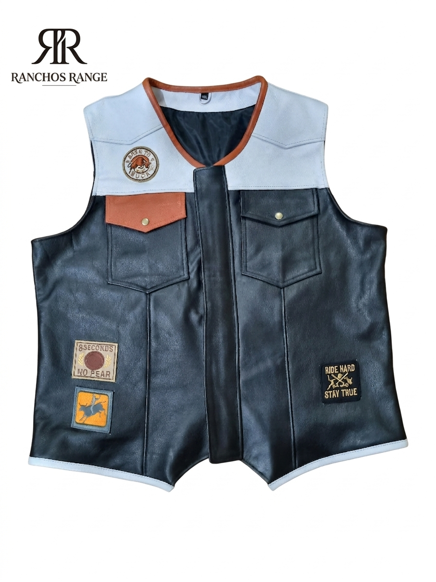 Custom Handmade Leather Vest - Western Cowboy Style Two-Tone Biker Waistcoat - Black and White Genuine Leather Motorbike Vest - Ranchos Range