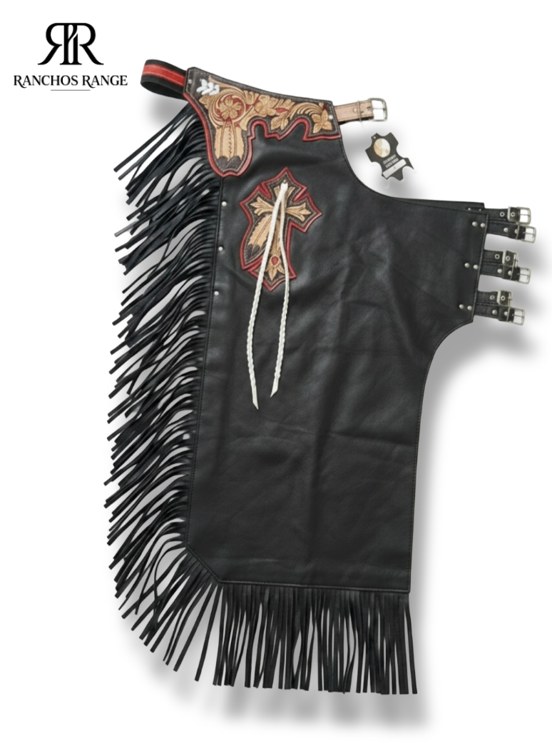 Custom Leather Rodeo Chaps with Tooled Floral Oak Leaf & Cross Inlay - Black Fringed Western Pro Rodeo Chaps - Custom Cowboy Leggings - Ranchos Range