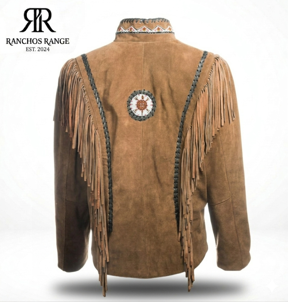 Native American Style Women's Brown Suede Leather Jacket - Western Fringed Coat with Beaded Medallions & Bone Piping - Cowgirl Rodeo Wear