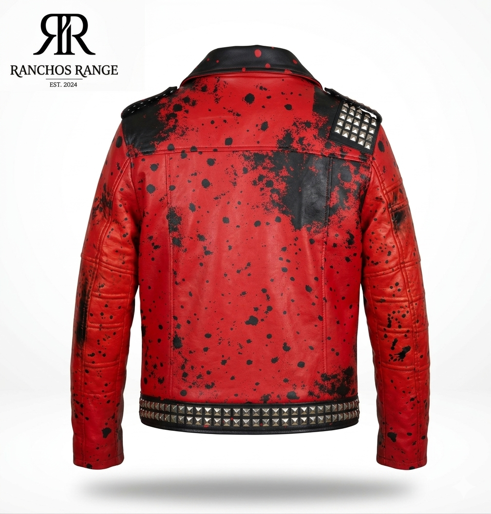 Gothic Punk Red Biker Jacket with Black Splatter and Studs, Distressed Streetwear Faux Leather Moto Coat for Rock Fashion