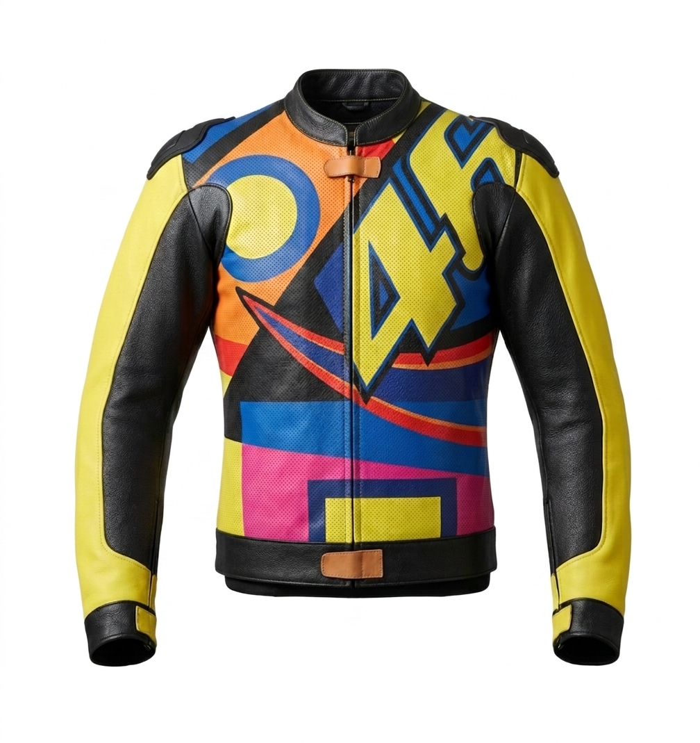 Valentino Rossi VR46 "The Doctor" Leather Motorcycle Jacket - Neon Yellow & Blue MotoGP Racing Biker Gear - CE Armored Cowhide Leather Jacket for Men