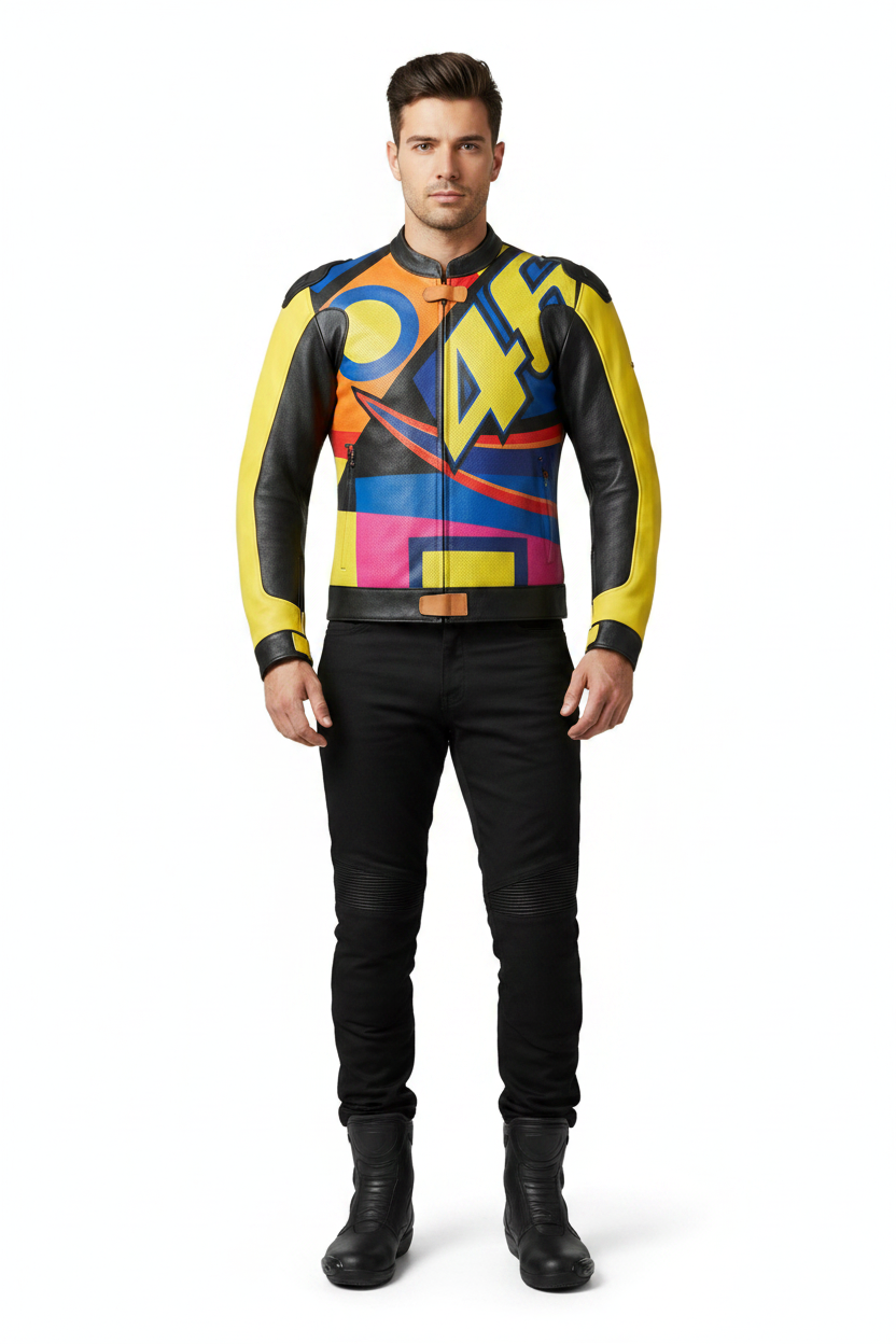 Valentino Rossi VR46 "The Doctor" Leather Motorcycle Jacket - Neon Yellow & Blue MotoGP Racing Biker Gear - CE Armored Cowhide Leather Jacket for Men