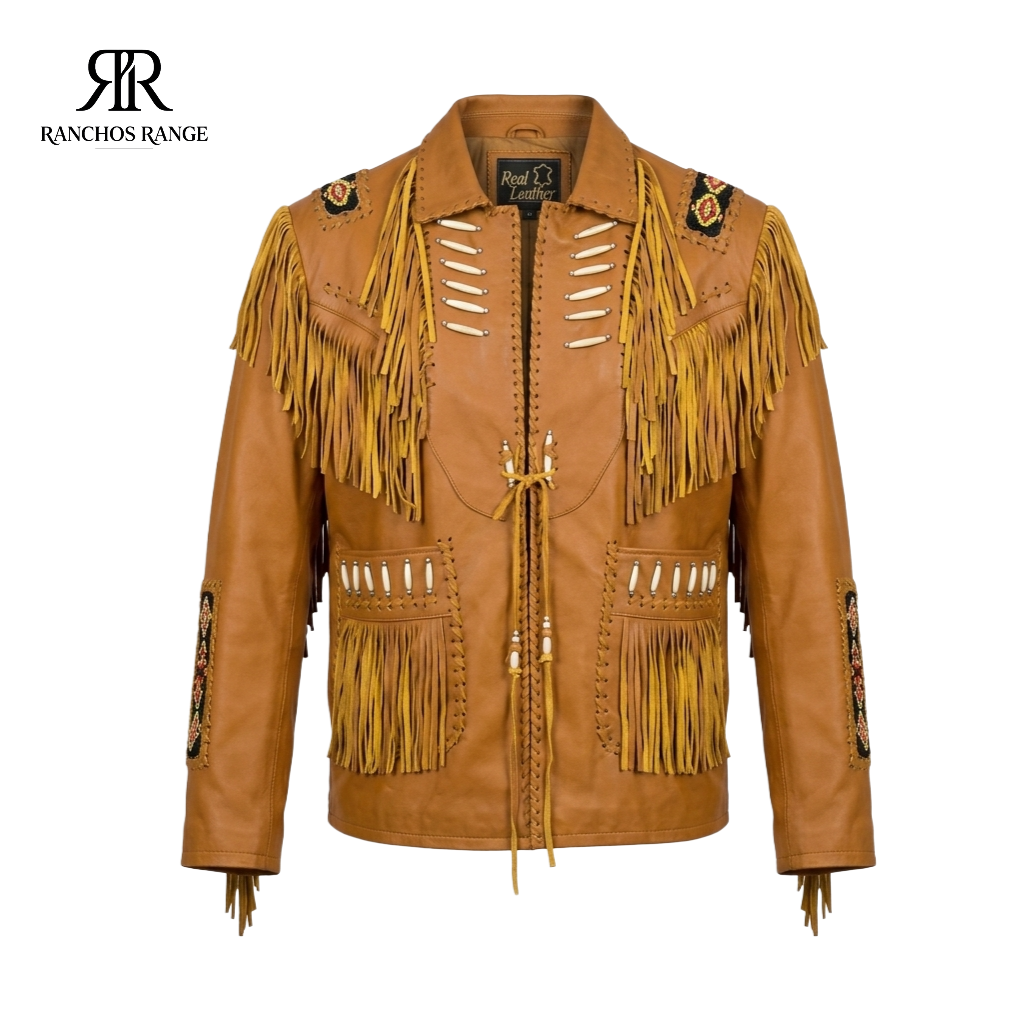Vintage Tan Leather Fringe Jacket - Western Suede Biker Coat - Festival Wear, Cowgirl Style with Beaded Patches & Back Fringe