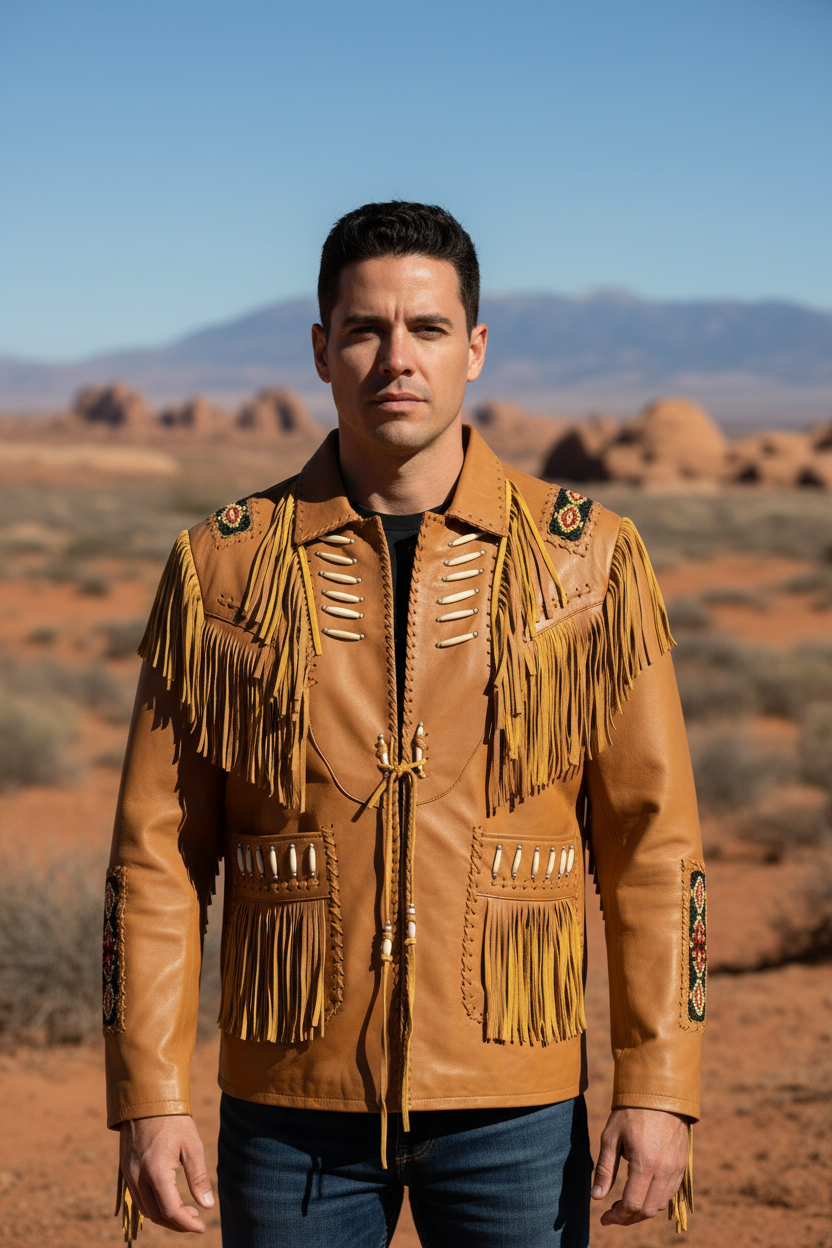 Vintage Tan Leather Fringe Jacket - Western Suede Biker Coat - Festival Wear, Cowgirl Style with Beaded Patches & Back Fringe