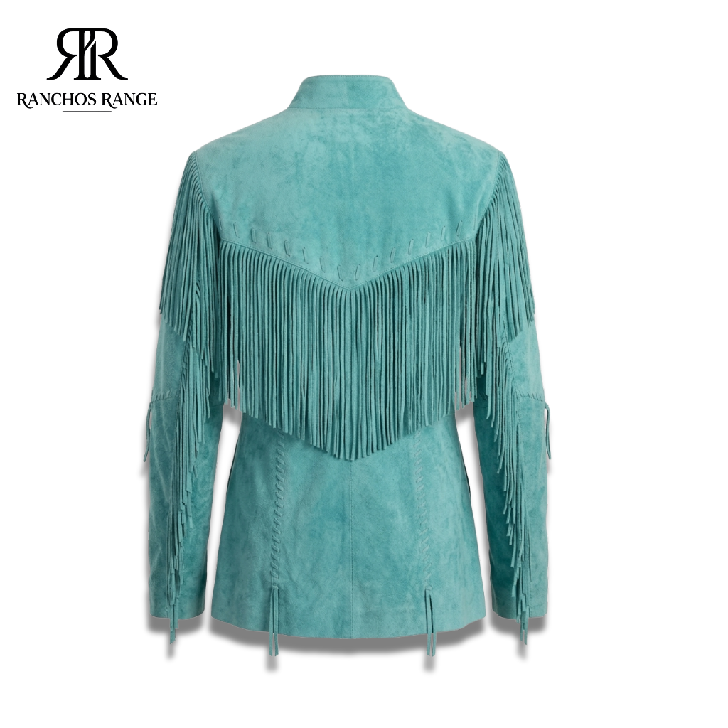 Handmade Turquoise Suede Leather Fringe Jacket for Women, Western Cowgirl Coat with Bone Toggles, Native American Style Boho Suede Blazer