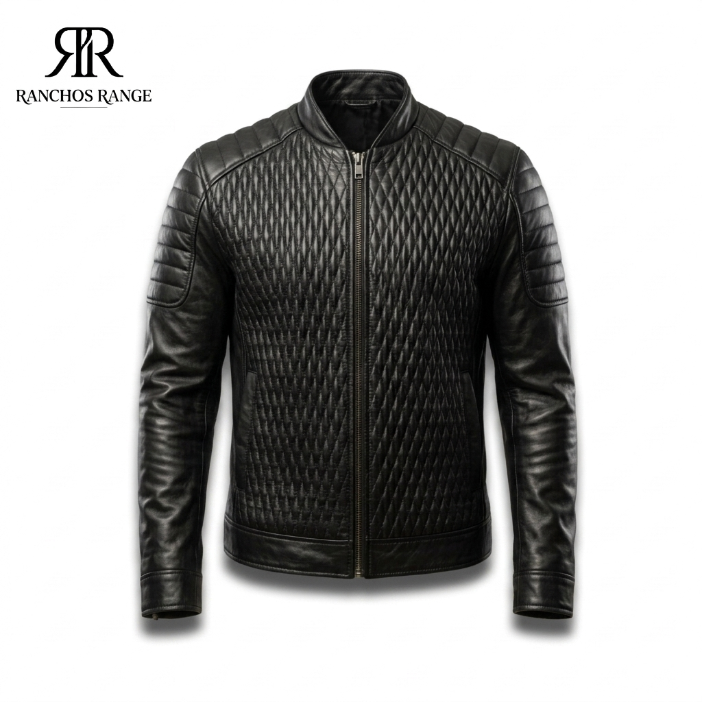 Men's Quilted Black Leather Biker Jacket - Diamond Stitched Slim Fit Café Racer Motorcycle Jacket