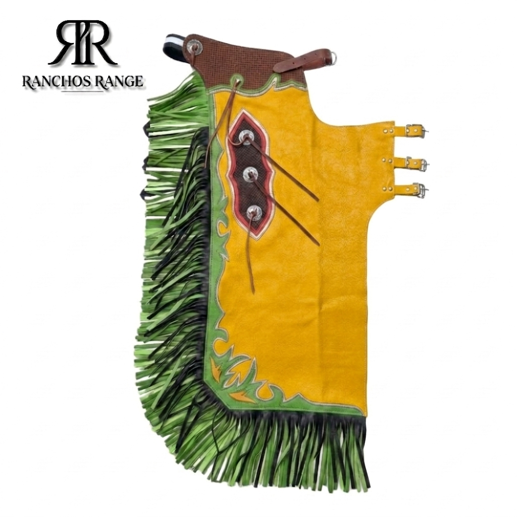 Custom Bull Riding Pro Rodeo Chaps – Pure Yellow & Lime Green Leather Chinks – Floral Tooled Western Cowboy Chaps for Rodeo & Horseback Riding