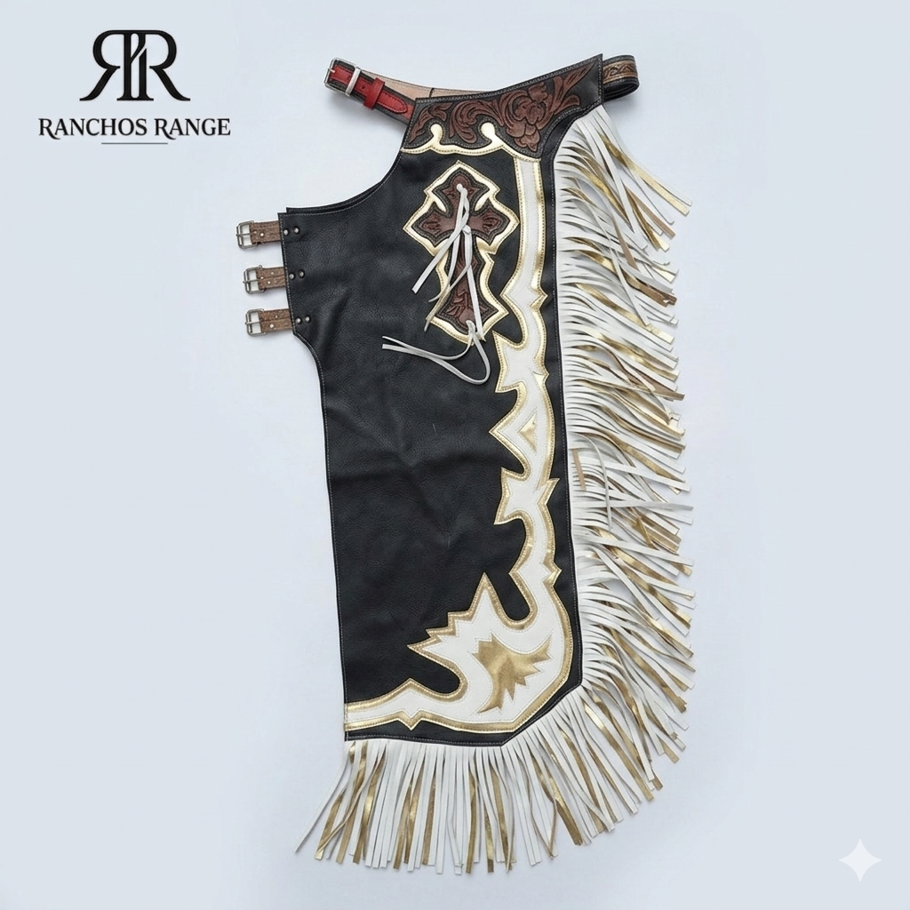Custom Bull Riding Pro Rodeo Chaps - Black Leather with Gold & White Inlays - Western Show Chaps - Handcrafted Cowboy Gear - Ranchos Range