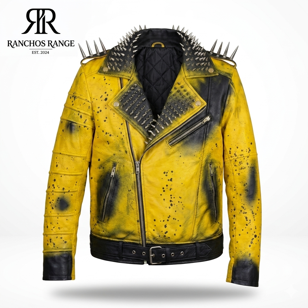 Men’s Distressed Yellow Leather Biker Jacket - Hand-Painted Spiked Punk Rockstar Moto Jacket with Studded Collar