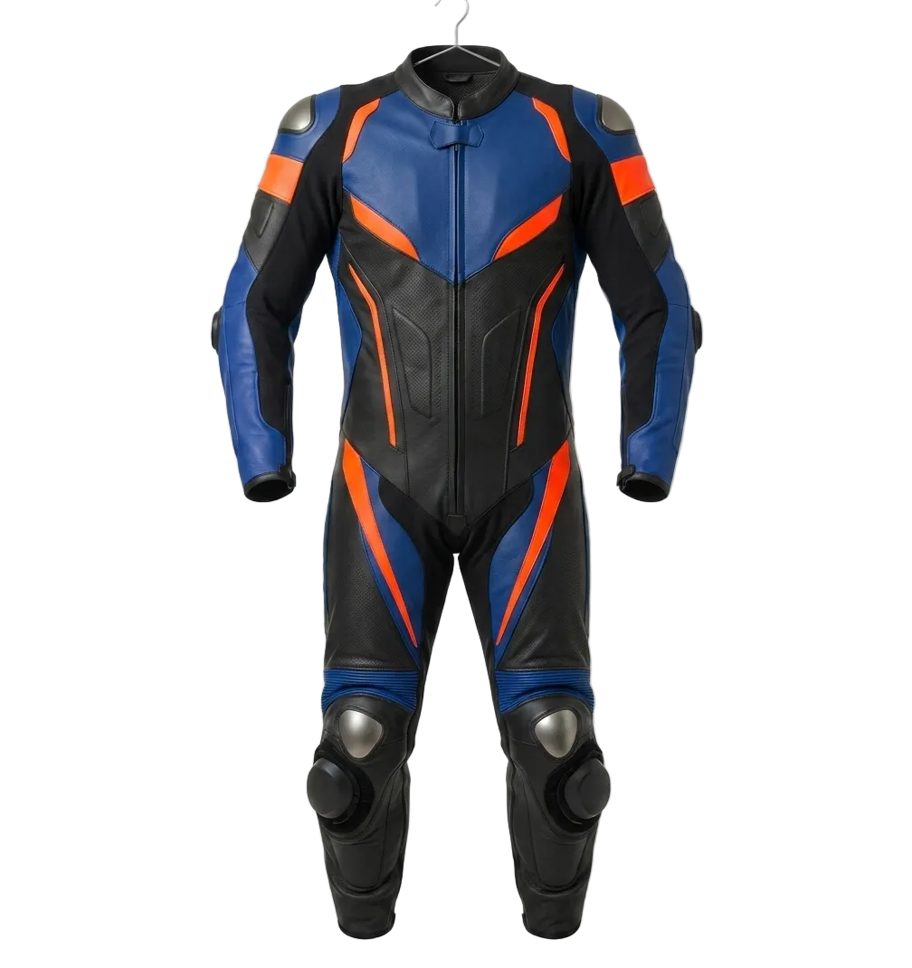 Professional Blue & Orange Motorcycle Racing Suit - Custom One-Piece Leather Motorbike Gear - CE Armored Track Suit - High Visibility Rider Leathers