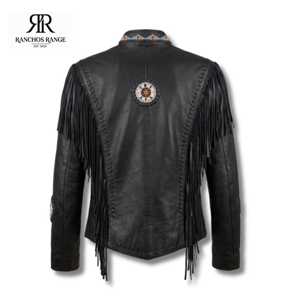 Ranchos Range Men’s Black Leather Western Fringe Jacket - Native American Style with Bone Breastplate & Beadwork