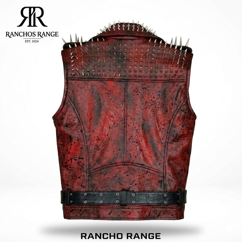 Handmade Spiked Red Leather Vest Men - Studded Punk Rock Biker Jacket - Distressed Gothic Moto Waistcoat - Heavy Metal Stage Wear - Ranchos Range