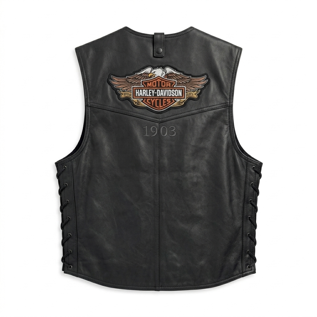 Men's Genuine Black Leather Biker Vest - Motorcycle Riding Waistcoat with Side Laces, Gun Pockets, and American Flag Patch - Classic Chopper Style Leather Gear