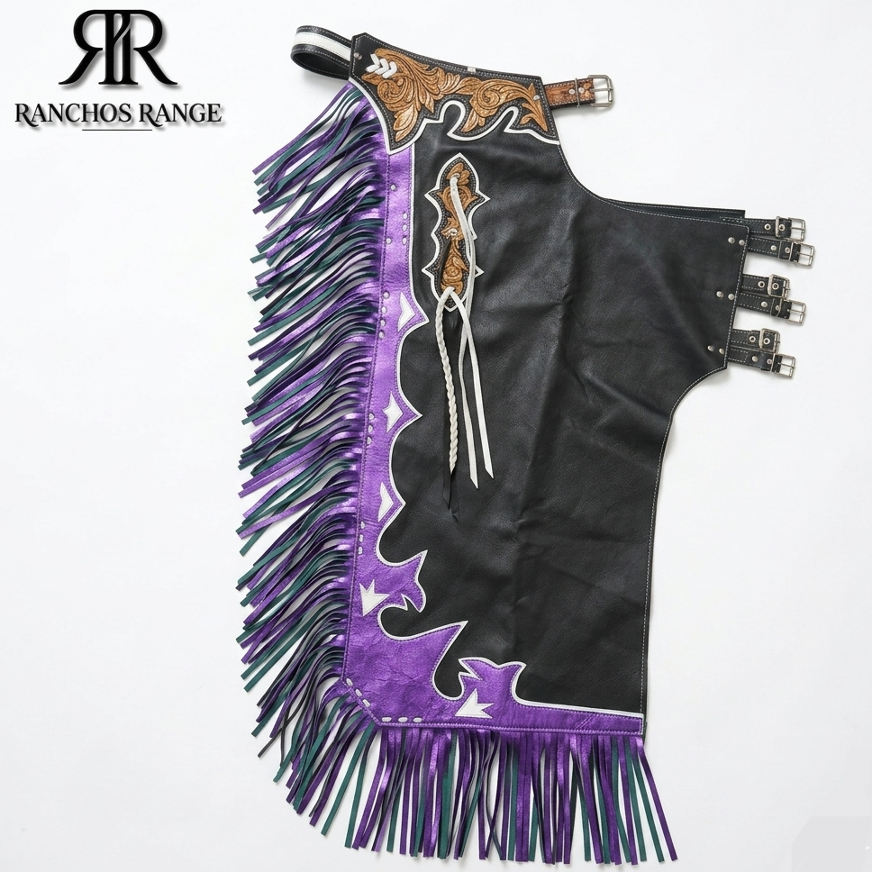 Custom Metallic Purple & Black Leather Rodeo Chaps with Hand-Tooled Floral Oak Details - Ranchos Range Professional Bull Riding Chaps