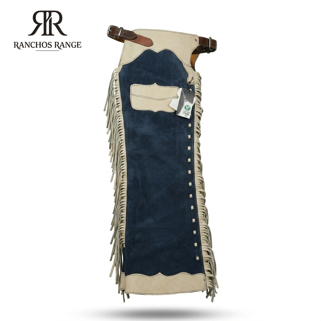 Ranchos Range Women’s Suede Leather Riding Chaps - Premium Blue & Cream Rodeo Chinks - Genuine Cowhide Western Horseback Riding Apparel