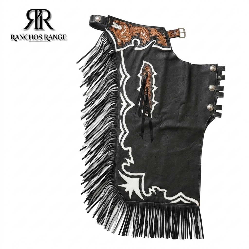 Custom Bull Riding Chaps - Black & White Pro Rodeo Leather Chaps with Tooled Floral Yoke and Fringe - Western Cowboy bull Riding Gear
