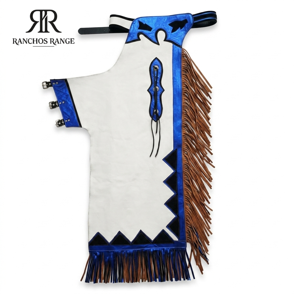Ranchos Range Custom Leather Rodeo Chaps - White & Metallic Blue - Professional Youth Western Chaps for Bull Riding and Rodeo Events