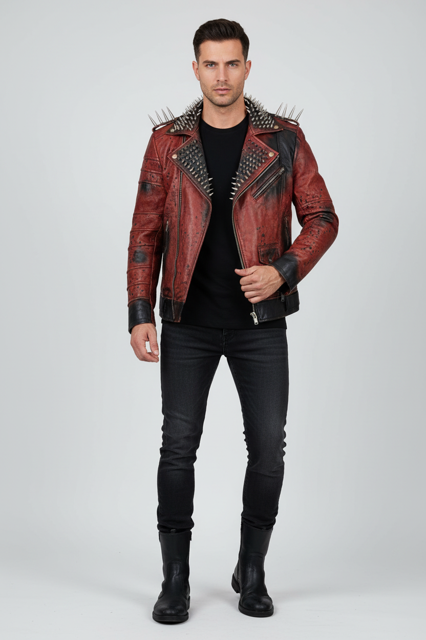 Red Leather Jacket for mens studded leather and painted spatter .