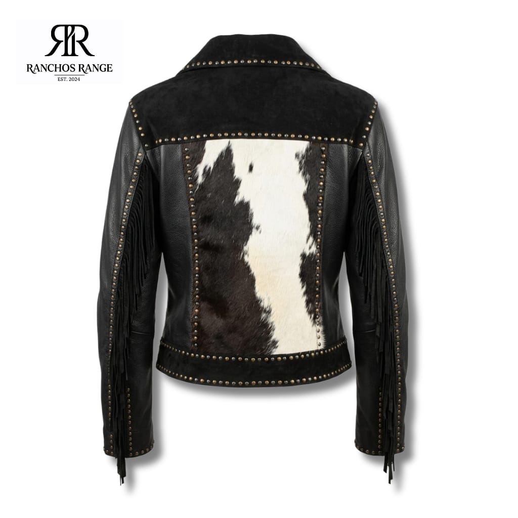 Ranchos Range Cowhide Leather Moto Jacket - Studded & Fringed Western Biker Jacket