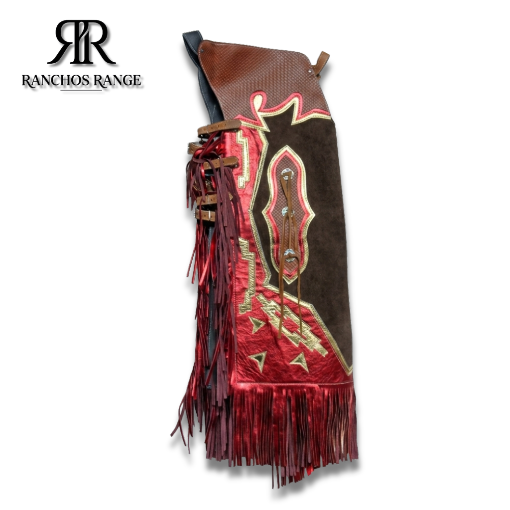 Custom Professional Rodeo Chaps - Metallic Red & Brown Suede Leather - Western Riding Gear with Gold Inlay and Fringe