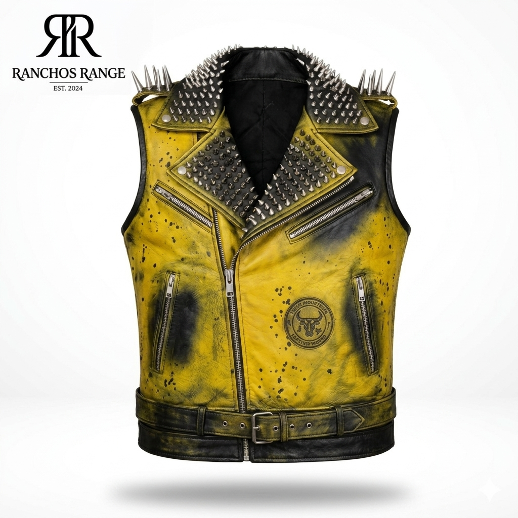 Cyber Punk Distressed Leather Vest - Spiked & Studded Yellow Biker Jacket - Grungy Painted Motorcycle Cut - Custom Refined Revolt Streetwear Waistcoat