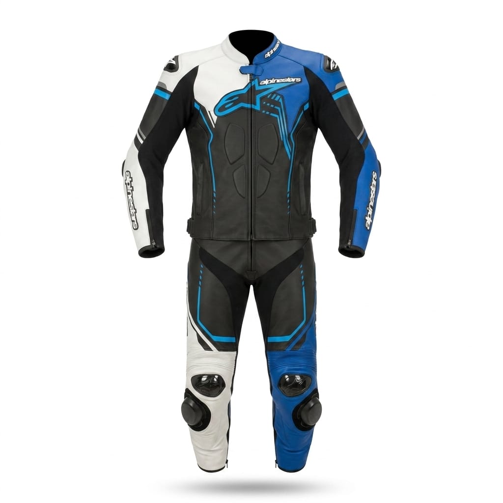 Professional Adult Motorcycle Leather Racing Suit - One Piece Motorbike Track Suit - Men’s Leather Biker Safety Gear - Blue & White Racing Outfit