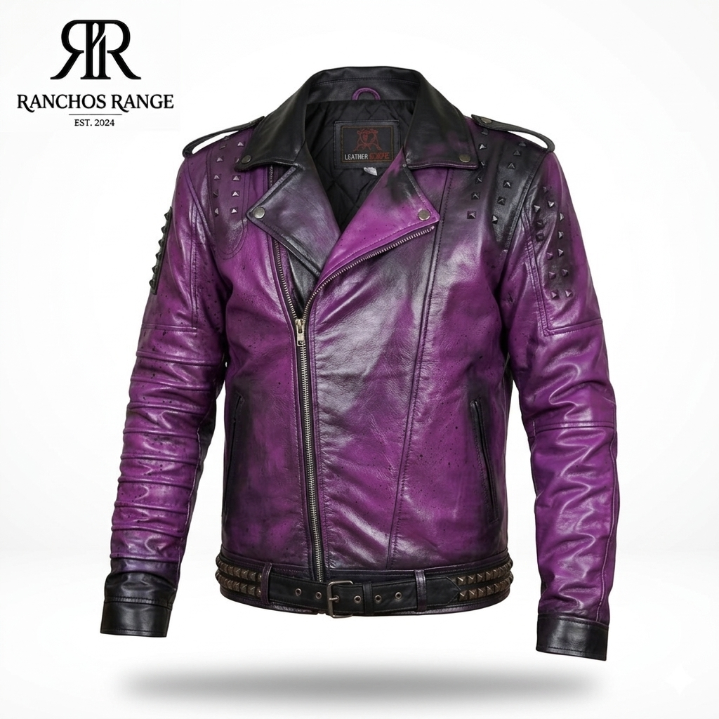 Custom Purple Distressed Leather Jacket - Hand-Painted Studded Biker Jacket - Punk Rock Steampunk Streetwear - Men's & Women's Genuine Leather