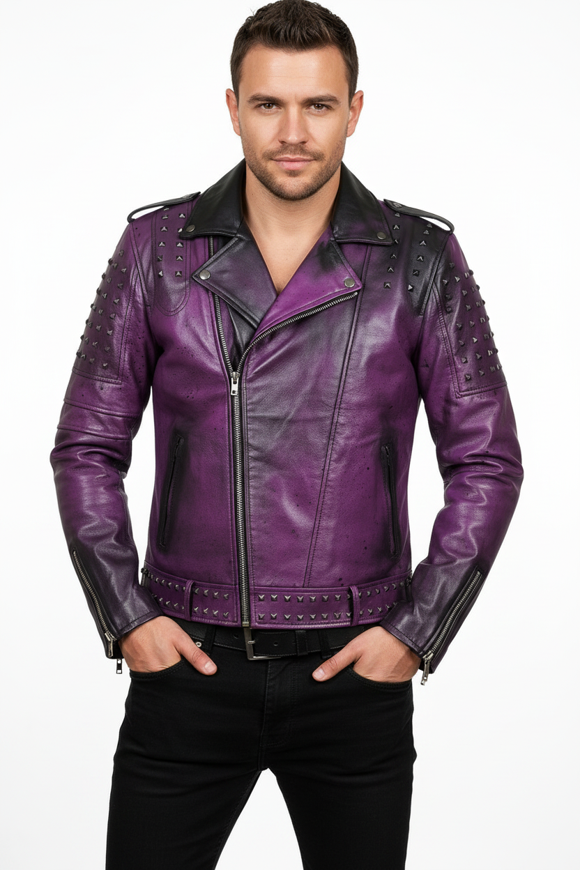 Custom Purple Distressed Leather Jacket - Hand-Painted Studded Biker Jacket - Punk Rock Steampunk Streetwear - Men's & Women's Genuine Leather