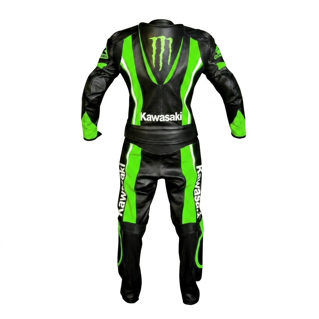 Kawasaki Monster Energy Leather Racing Suit - Professional Motorbike One-Piece Racing Gear - Custom CE Armored Protective Leathers - Black & Lime Green Biker Suit